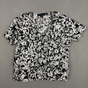 Tommy Hilfiger Shirt Womens Large Black White Floral Linen Blend Short Sleeve‎